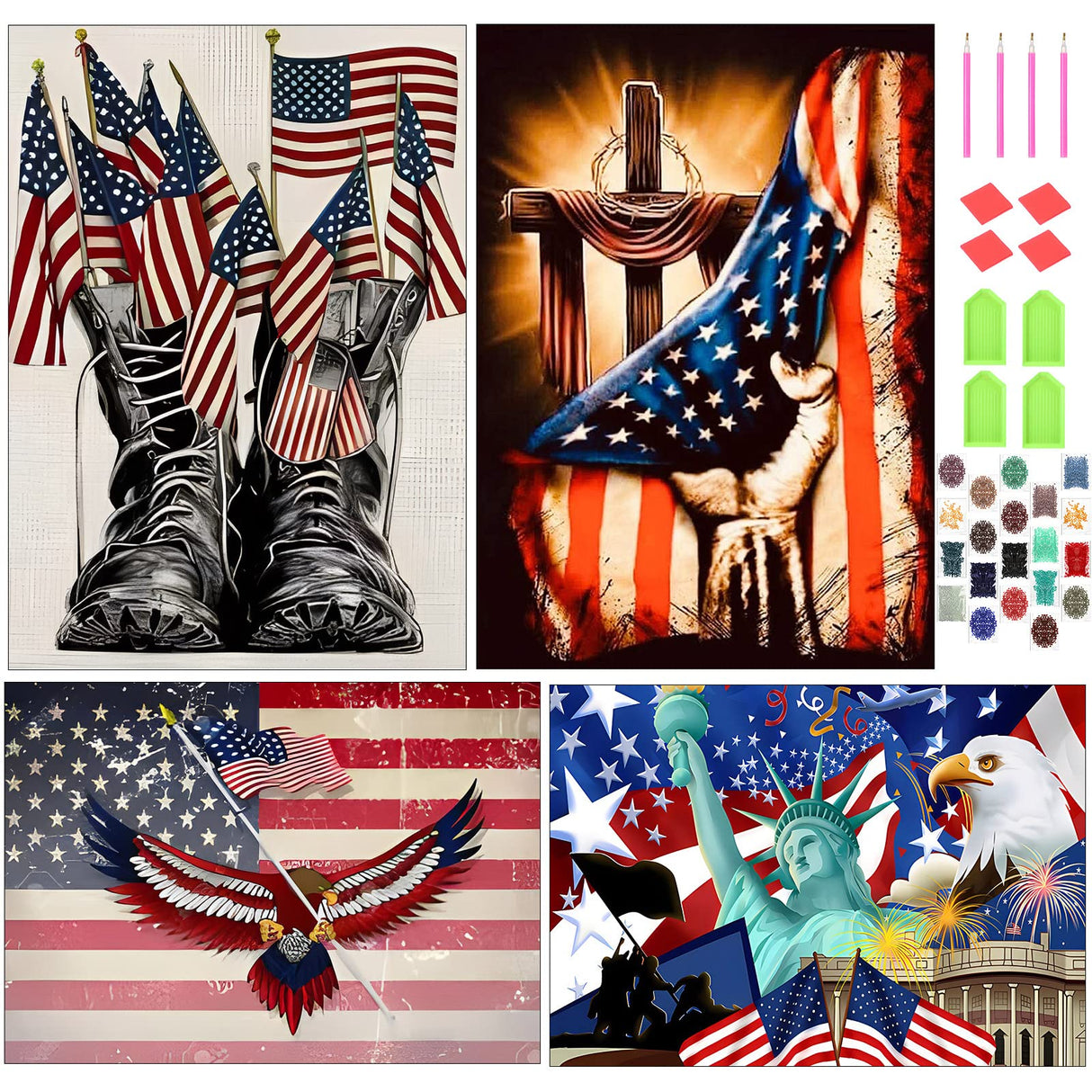 Independence Day Diamond Painting Kits for Boys 4 Pack 5D Military Diamond Art Patriotic Drill DIY American Flag Diamond Painting for Adults Home Wall Holiday Craft Decor, 12 x 16 Inches Leinuosen