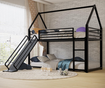 AEMSOFK Twin Over Twin Bunk Bed with Slide,House Shaped Bedframe w/Ladder, Heavy Duty Low Bunk Bed Frame with Guardrail,No Box Spring Needed & Easy Assemble(Black)