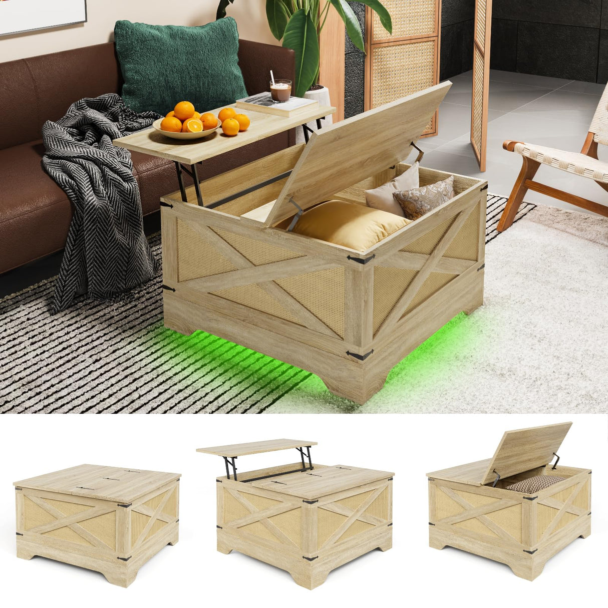 HAIOOU Farmhouse Coffee Table with Storage,Square Lift Top Coffee Table for Living Room with LED Light,Small Rustic Center Table for Small Space Bedroom Home Office(Natural,Rattan) HAIOOU