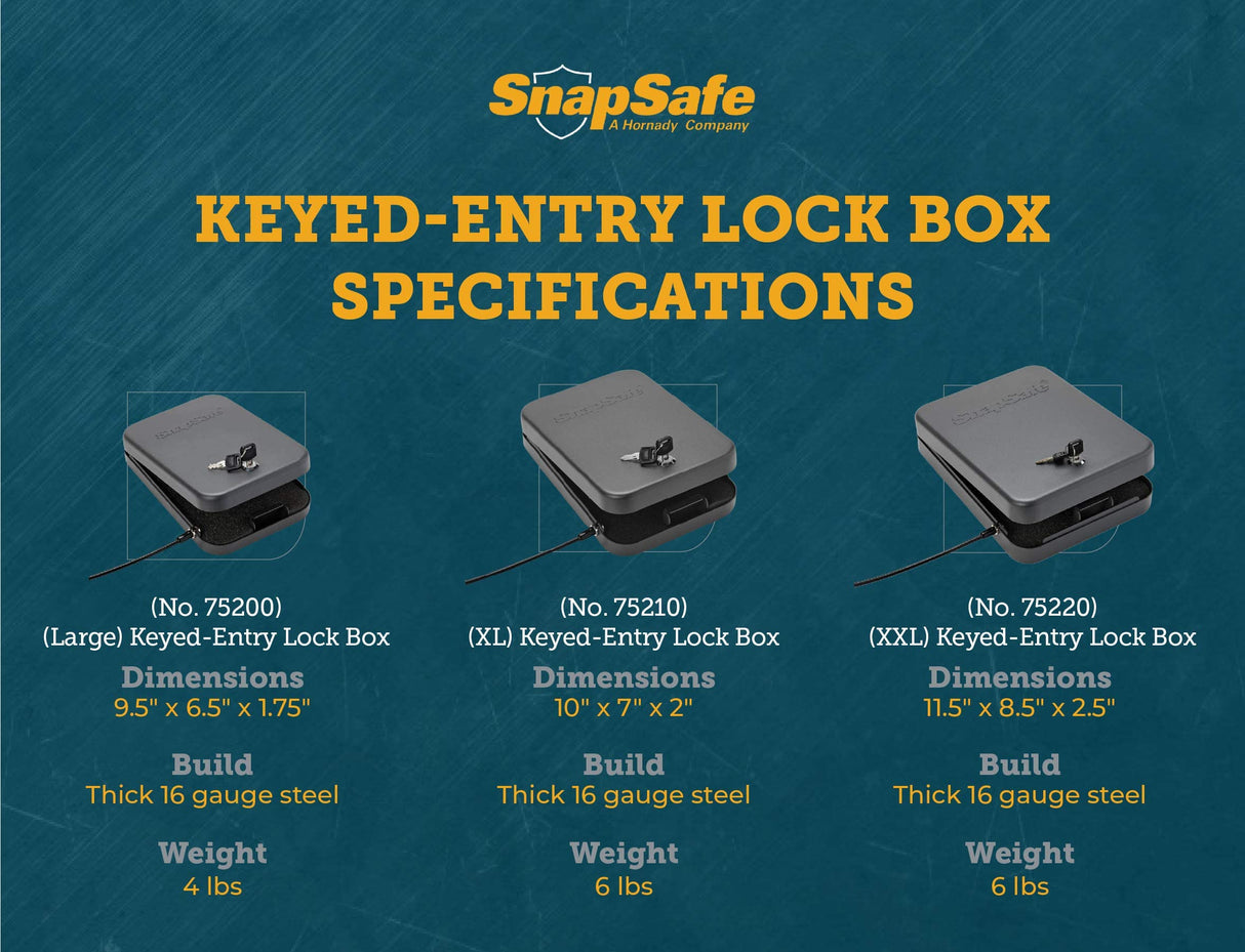 SnapSafe Portable Lock Box for Guns and Valuables – Includes Lock Box, 2 Keys and Patented Security Cable – An Ideal Car Gun Safe – XL, Black, 10 x 7 x 2 Inches SnapSafe