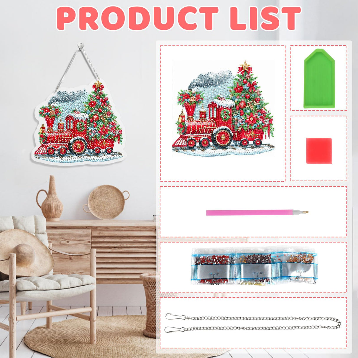 Skyboda Train Diamond Art Hanging Kits for Adults Beginners, DIY Acrylic 5D Special Shaped Crystal Diamond Gem Art Painting Hanging Ornament for Home Wall Decor and Gift(Christmas Tree Red Train) Skyboda