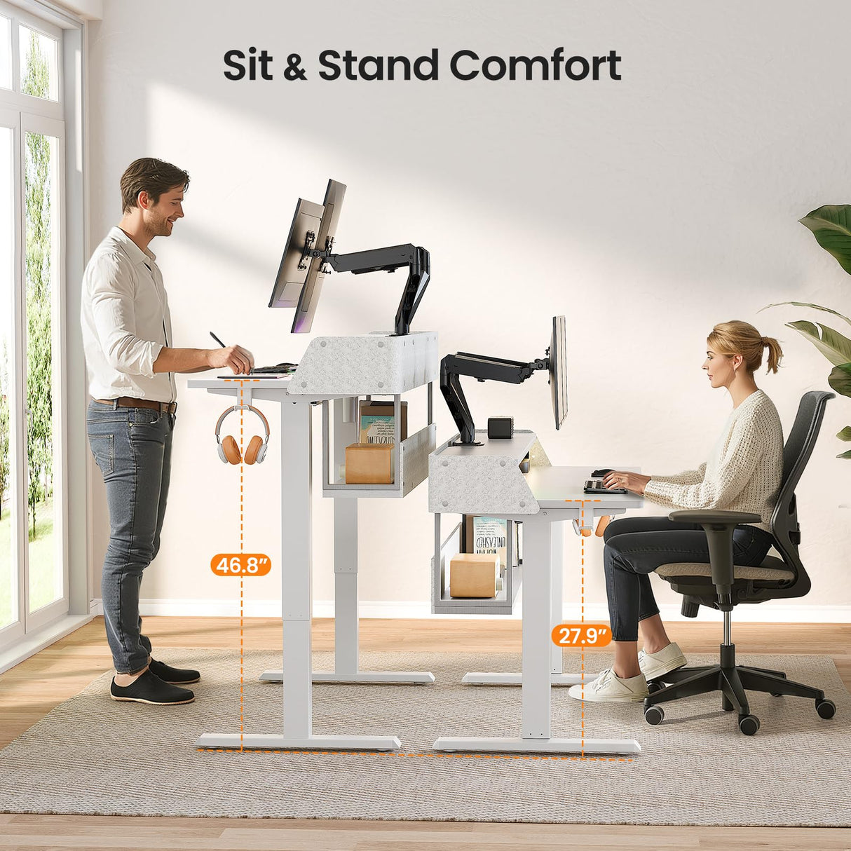 ErGear Standing Desk, 48x24 Inch Electric Standing Desk with Shelves, Height Adjustable Desk with Monitor Stand and Storage, Gaming Sit Stand Up Desk with LED Light for Home Office, White ErGear