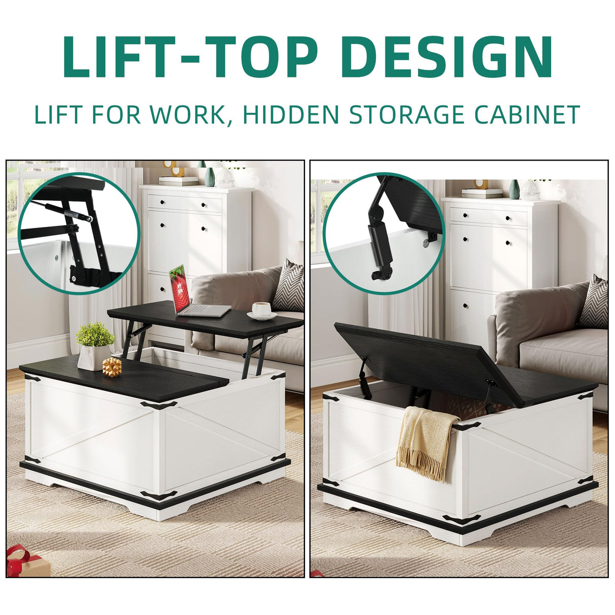 YITAHOME Farmhouse Lift Top Coffee Table, Square Wood Center Table with Large Hidden Storage Compartment for Living Room, Rustic Cocktail Table with Lift Top for Home Office, White and Black YITAHOME
