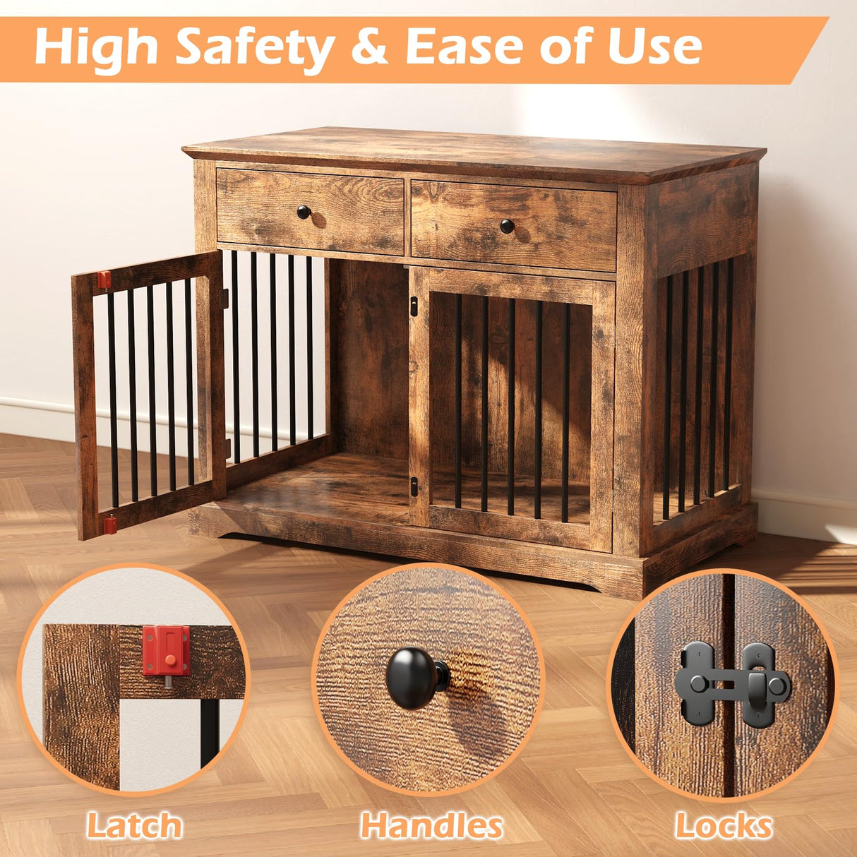 Dog Crate Furniture, 44 Inch Wooden Dog Kennel Furniture Indoor with 2 Storage Drawers, Heavy Duty Large Dogs Crate Furniture, Cage & House Furniture for Small Medium Large Dogs, Brown VENDORZ