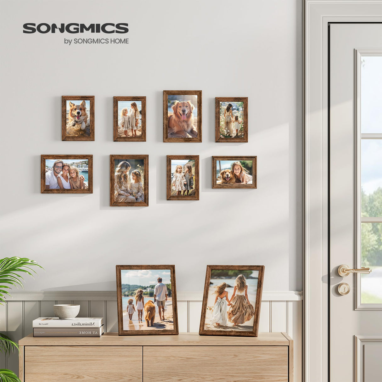 SONGMICS Picture Frames with 16 Mats, Set of 10 Collage Photo Frames, Two 8x10, Four 5x7, Four 4x6 Frames, Hanging or Table Display, Glass, 12 Non-Trace Nails, Rustic Brown SONGMICS