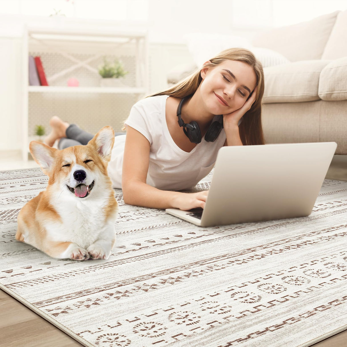 Area Rug Living Room Rugs - 5x7 Washable Boho Farmhouse Bohemian Neutral Large Moroccan Geometric Soft No Slip Indoor Rug Thin Floor Carpet for Bedroom Under Dining Table Home Office - Brown kakania