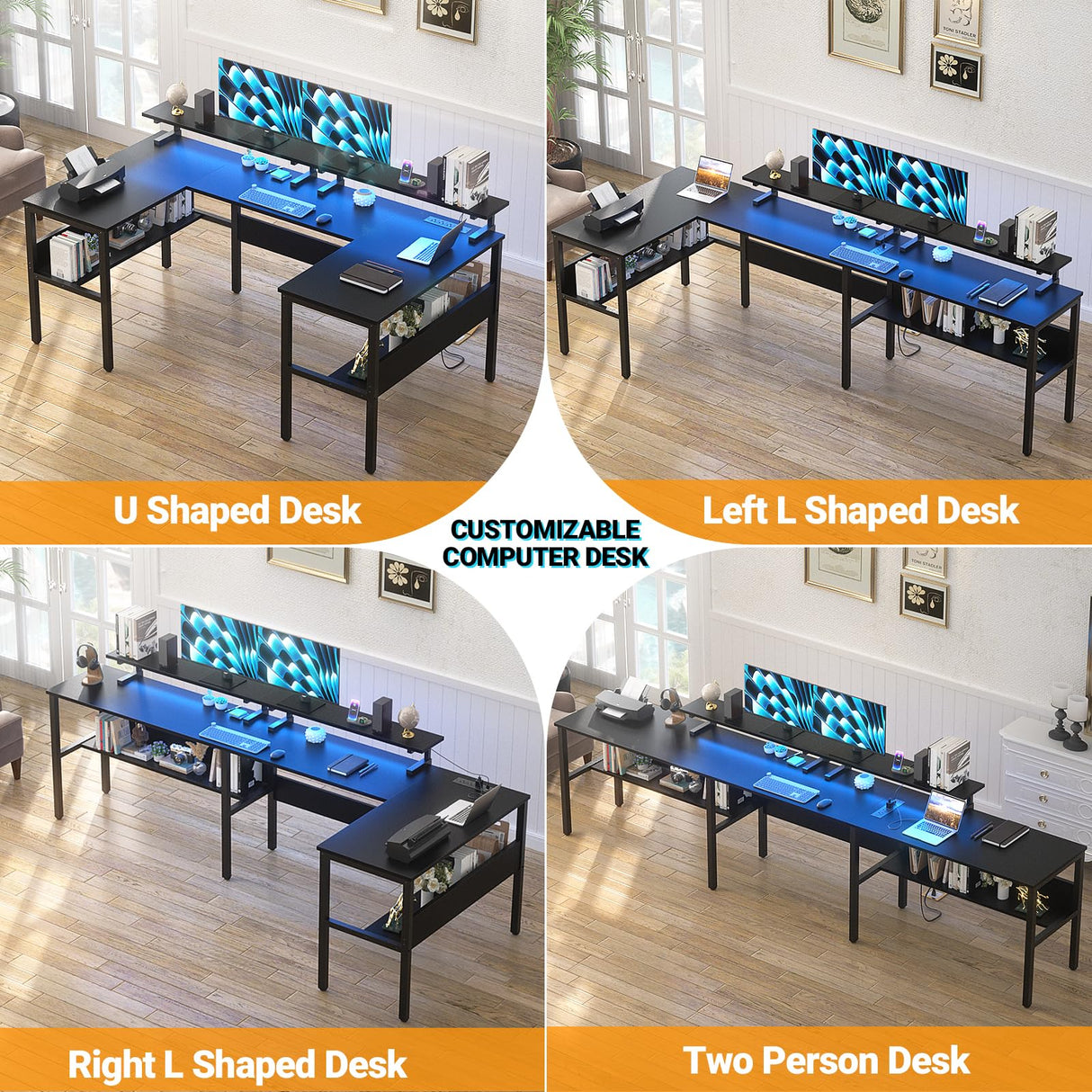 Hyomdeck Customizable U Shaped Desk & L Shaped Office Desk with Adjustable Monitor Stand, RGB LED Lights and Power Outlets, Sturdy Reversible L Shape Hyomdeck