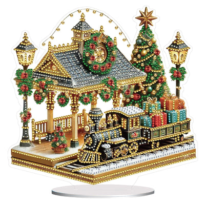 BAYUNOE DIY Diamond Art Painting Desktop Ornament Christmas Special Shaped Crystal Diamond Art Decorated Tabletop Ornaments Handmade Single Sided Diamond Home Decor-Christmas Train Platform