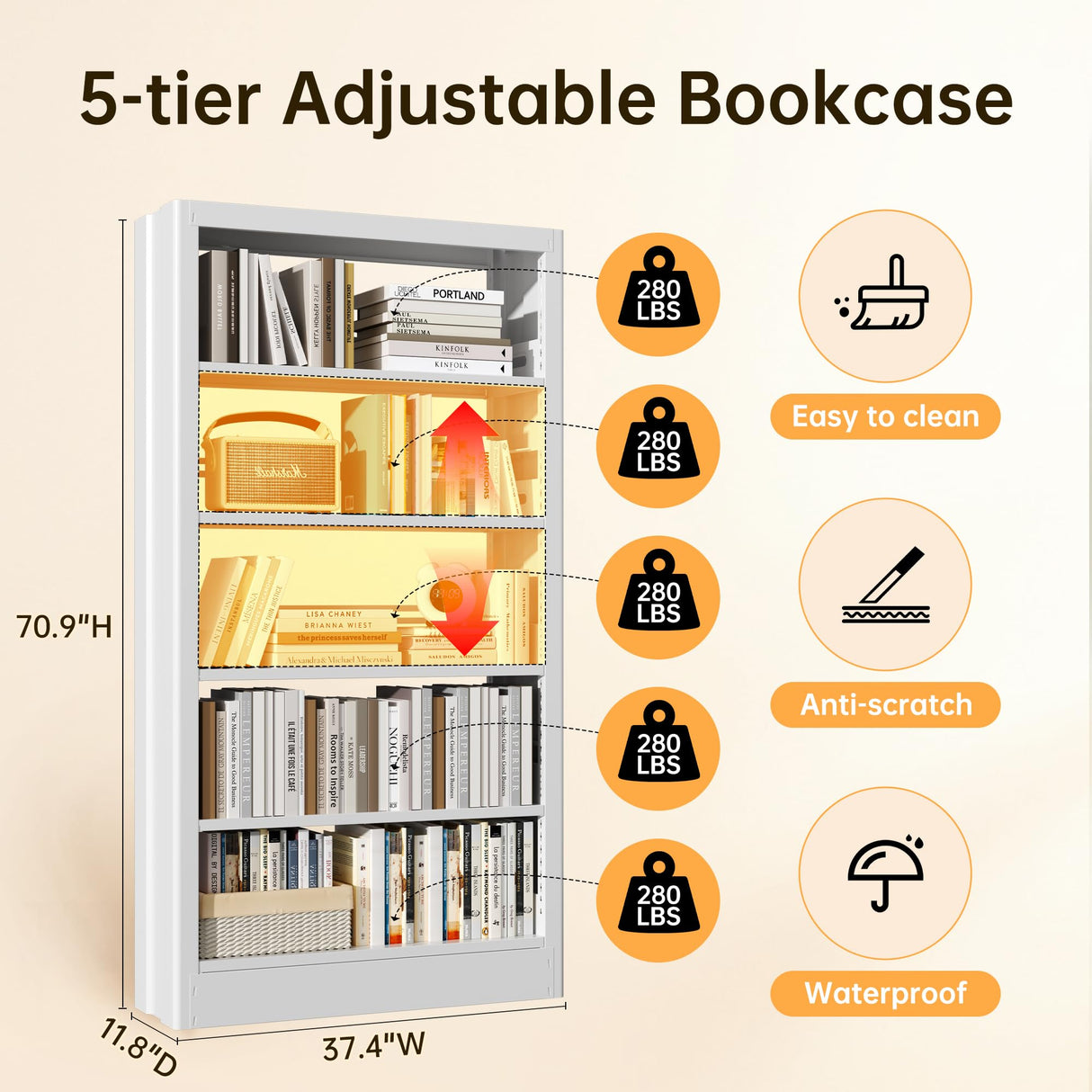 Jazipic 5-Tier Adjustable Bookcase, Heavy Duty Bookshelf with Book Stopper, Metal Bookcase for Library, Office, Living Room Jazipic