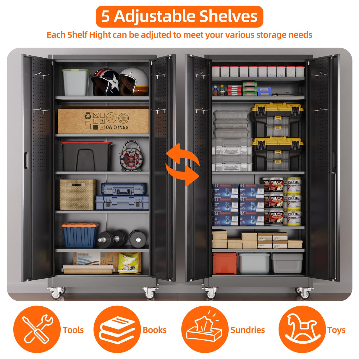 Aobabo 71" H×32" W×16" D Metal Storage Cabinet with Wheels, Garage Steel Storage Cabinet with 5 Adjustable Shelves and 4 Hooks for Home Office, Kitchen, Assembly Required, Black Aobabo