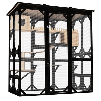 Catio Outdoor Cat Enclosure Wooden Cat House for Mulitiple Cats Walk-in Cage Window Acess with Heavy Duty Weather-Proof Asphalt Roof