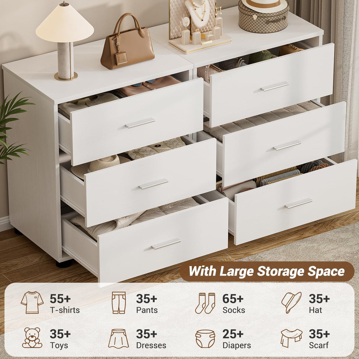 Aheaplus Closet Drawers Set of 2, Wood Closet Organizers and Storage with 3 Drawers, Closet Drawers Organizer System, Nightstands Bedside End Table with 3 Drawers Storage for Bedroom, White Aheaplus