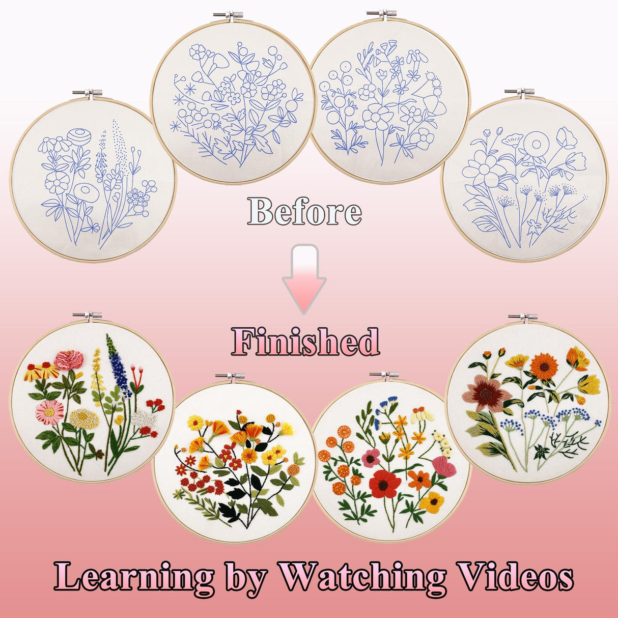VIVIDOX 4 Sets Embroidery Kit for Beginners with Stitch Video, Flower Cross Stitch Kits for Adults, Starter, Hand Craft Lover Practice with Floral Stamped Pattern, 2 Hoops, 16 Needles, Scissors, Tools VIVIDOX
