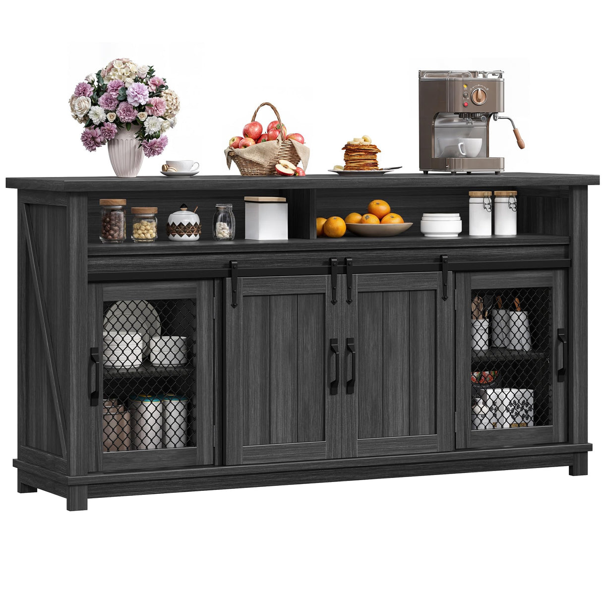 YITAHOME Farmhouse Sideboard Buffet Cabinet, 63" Farmhouse Storage Cabinet with Sliding Barn Doors and Visual Grid Doors, Coffee Bar Cabinet for Kitchen & Living Room, Dark Grey YITAHOME