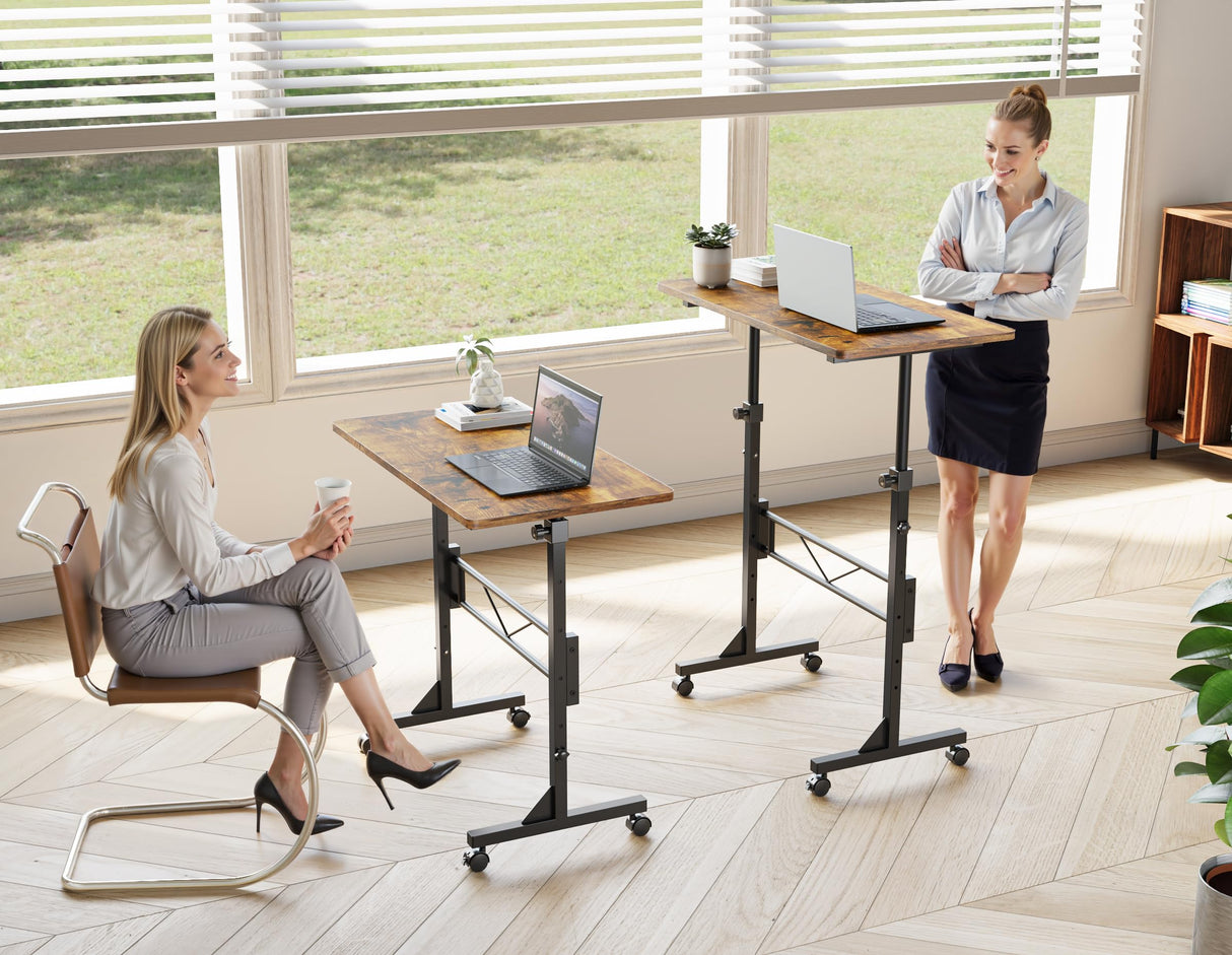 HOMIDEC Standing Desk, 32 Inch Portable Small Desk Adjustable Height, Rolling Home Office Desks with Wheels, Sit Stand Desk for Bedroom Walking Pad Home Office Small Space, Rustic HOMIDEC