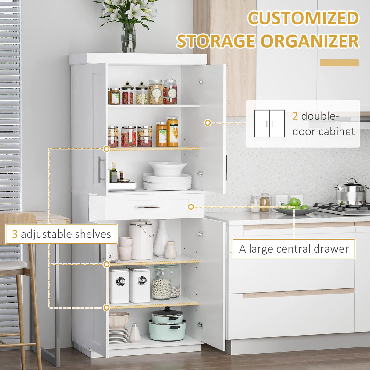 HOMCOM 72" Kitchen Pantry Cabinet, Freestanding Tall Storage Cabinet with 4 Doors, Drawer and 3 Adjustable Shelves for Dining Room, White HOMCOM