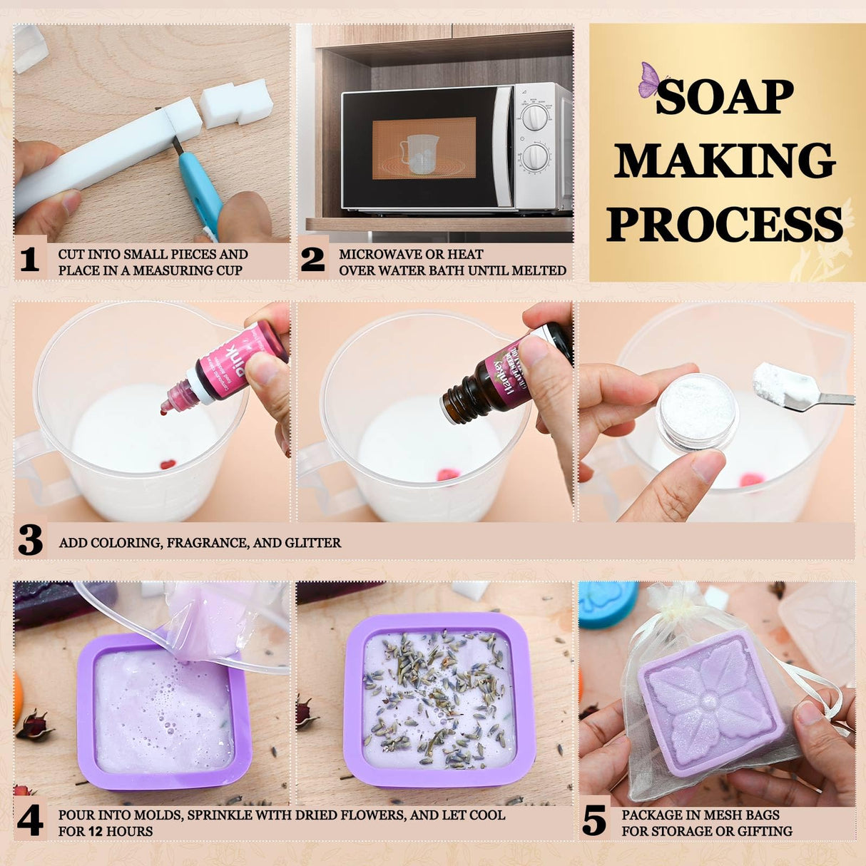 Soap Making Kit, JCOOS Soap Making Kit for Adults and Kids, Soap Making Supplies - Melt and Pour Soap Base, Soap Mold, Soap Colorant, Fragrances, Dried Flowers, Glitter, Kids Craft Diy Kits for Adults Jcoos