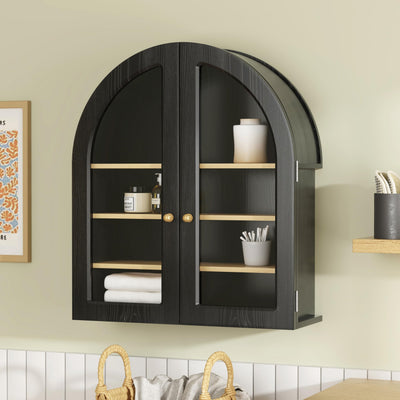 MoomJiee Large Arched Bathroom Wall Cabinet Modern Wooden Display Cabinet with Acrylic Doors Farmhouse Wall Mounted Cupboard Storage Organizer for Laundry Room, Dining Room, Black