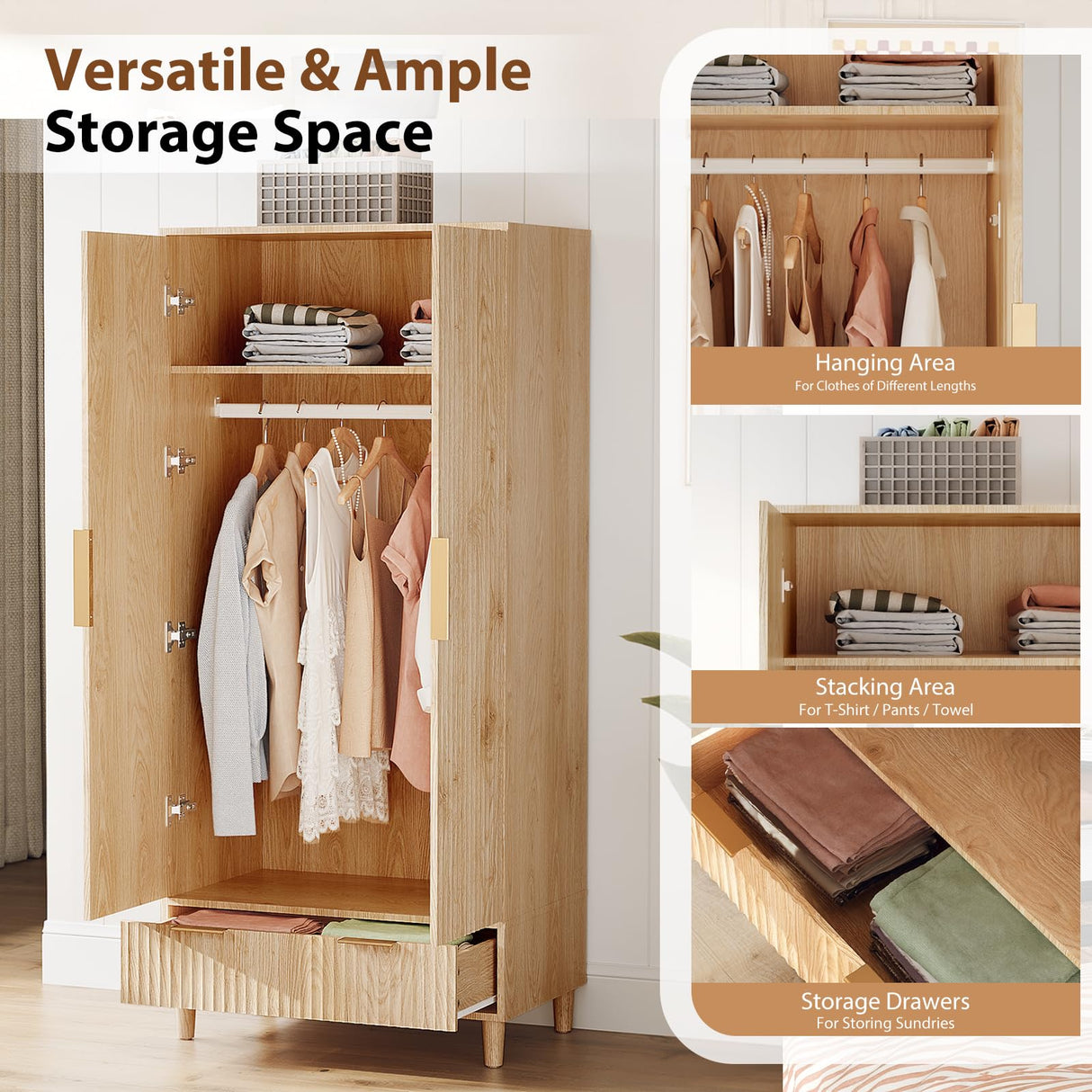 VINGLI Fluted Wardrobe Closet Armoire with Doors And Drawers, Wardrobe Cabinet with Hanging Rack, Bedroom Closet Wood, Oak Free Standing Armoire with Shelf and Solid Wood Legs, 31.5"W*19.7"D*69.3"H VINGLI