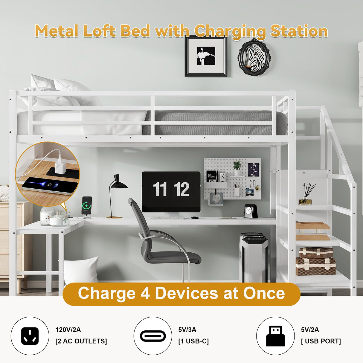 GM Ultra Queen Size Loft Bed with Desk & Storage Stairs, Metal Loft Bed with Wardrobe, LED Light & Charging Station, Versatile High Loft Bedframe for Kids Teens Adults, No Box Spring Needed, White GM Ultra
