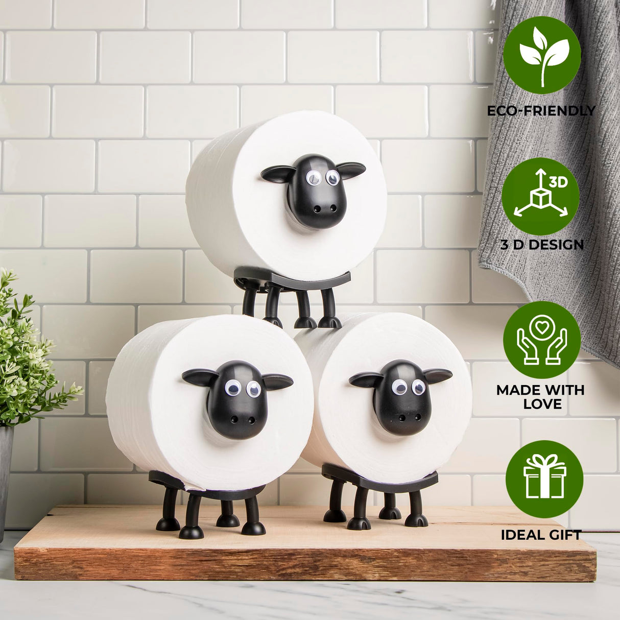 VELENTI Sheep Toilet Roll Holder - Funny Toilet Paper Holder Free Standing Bathroom Set - 3D Printed Black Sheep Loo Roll Holder - Hilarious Tissue Paper Roll Storage - Cute Bathroom Decor - Set of 3 VELENTI