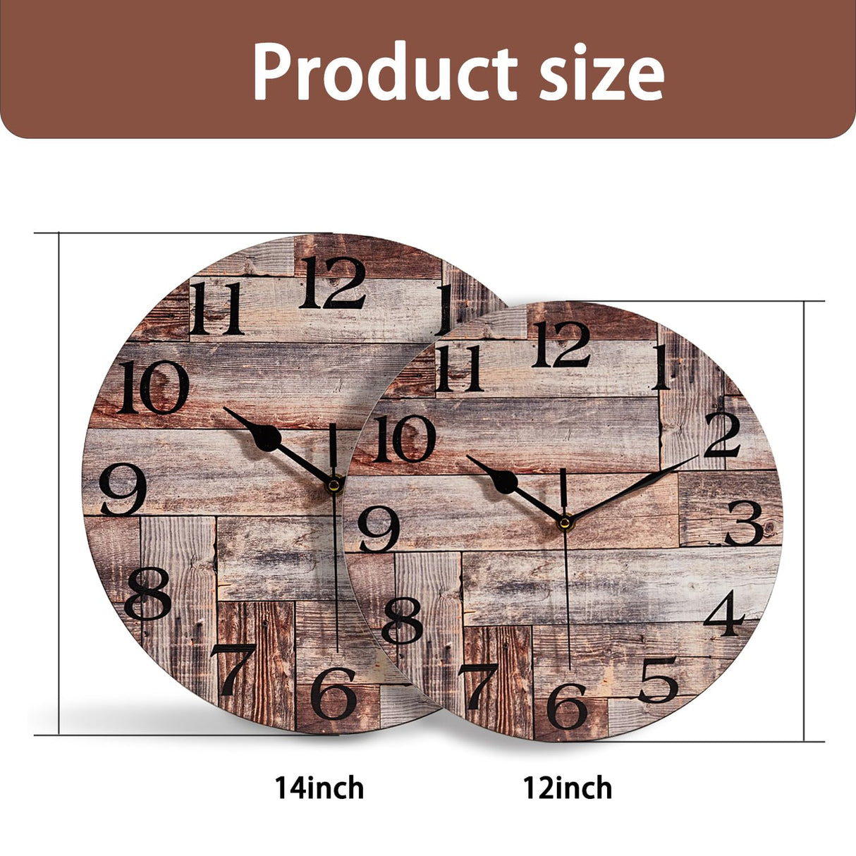 ACOZUHSE Silent Non-Ticking Wall Clocks, Brown Wood Barn Board Pine Plank Rustic Wall Clocks, Battery Operated 12 Inch Round Wall Clock for Home Decor Living Room Kitchen Office ACOZUHSE