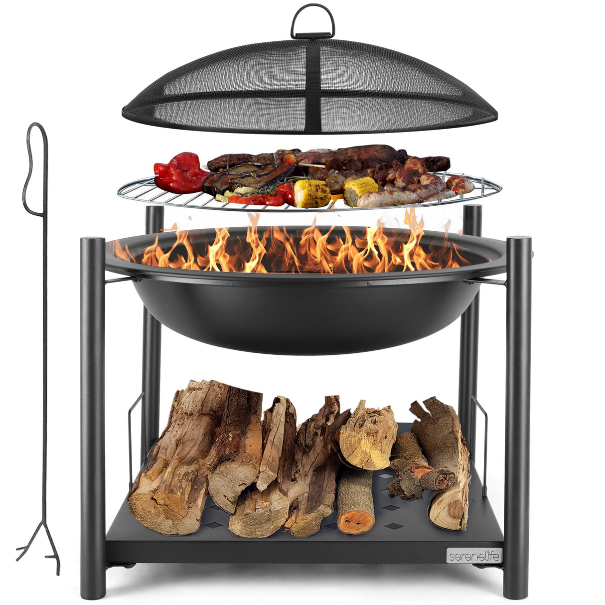 SereneLife 26" Outdoor Fire Pit with BBQ Grill, Mesh Screen, and Wood Storage – Heavy-Duty Steel Frame, Heat-Resistant – Ideal for Bonfires, Camping, and Outdoor Cooking SereneLife