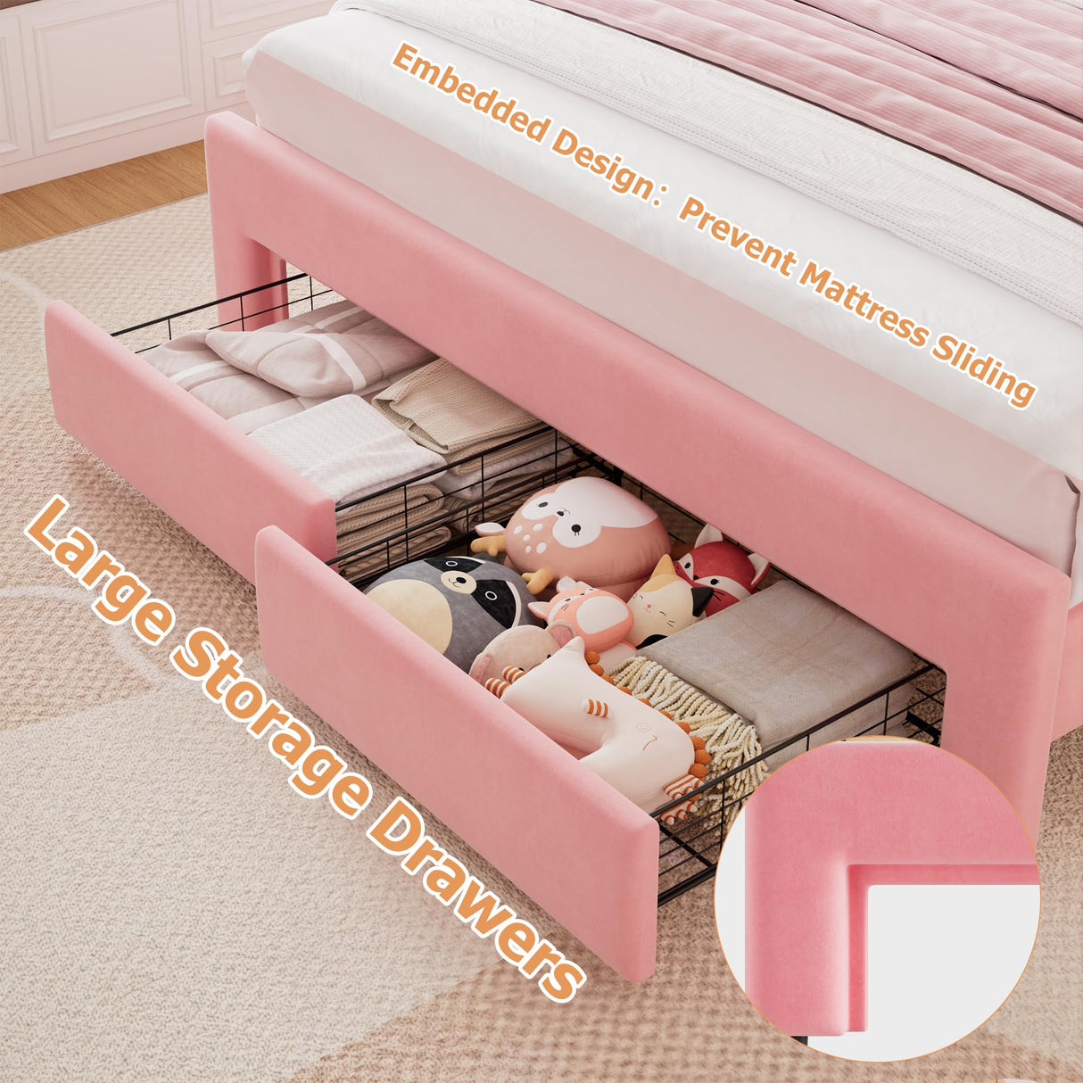Full Upholstered LED Bed Frame with 2 Storage Drawers and Adjustable Chic Double Wavy Headboard, Velvet Princess Platform Bed with Charing Station, Solid Wood Slats Support,No Box Spring Needed, Pink Jocoevol