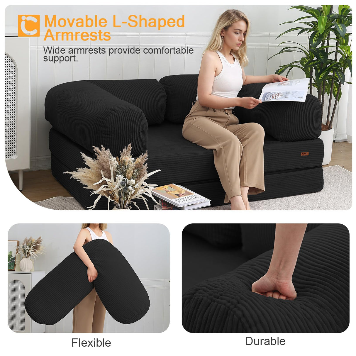 COMAX Folding Sofa Bed Queen, 4-in-1 Foldable Floor Couch Convertible Futon Sofa with Armrests Sleeper Mattress Chair Bed Comfy Portable Fold Out Lounge Guest for Living Room Bedroom, Black COMAX