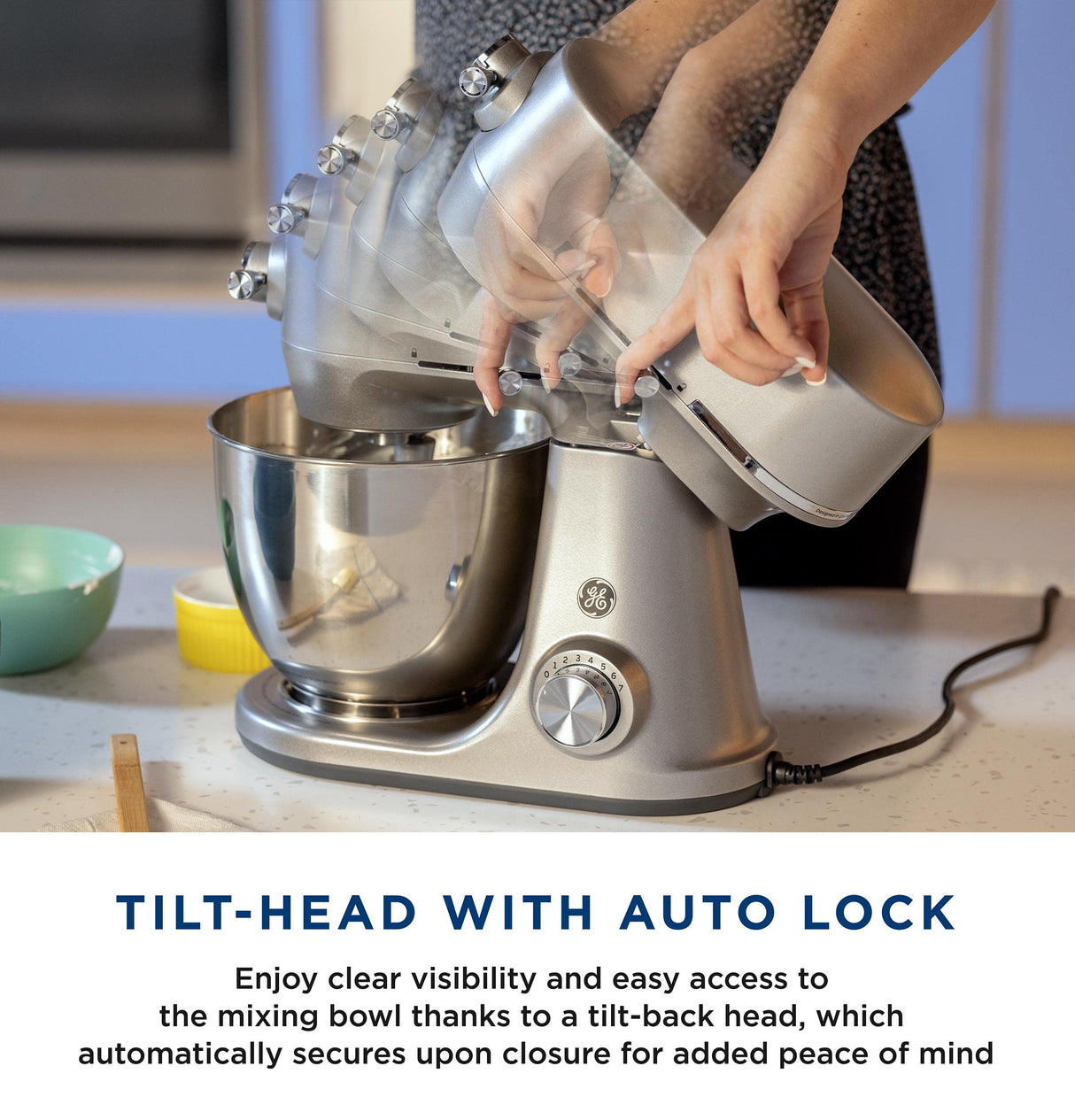 GE Tilt-Head Electric Stand Mixer | 7-Speed, 350-Watt Motor | Includes 5.3-Quart Bowl, Flat Beater, Dough Hook, Wire Whisk & Pouring Shield | Countertop Kitchen Essentials | Granite Gray GE
