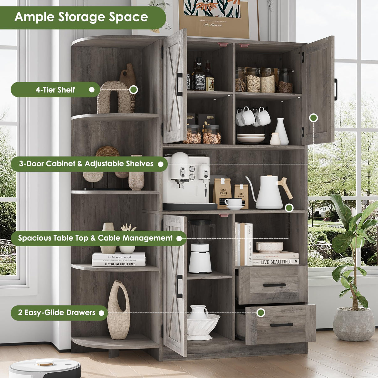 HOSTACK 60.4" Farmhouse Kitchen Pantry Storage Cabinet, Freestanding Hutch with Doors & Shelves, Buffet Sideboard with Microwave Stand, Coffee Bar with Drawers, Cupboard for Dining Room, Ash Grey HOSTACK