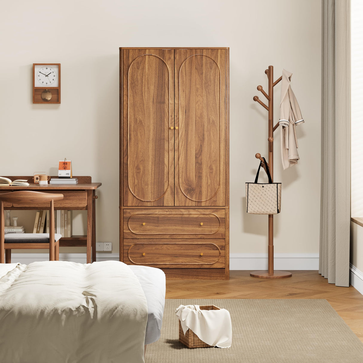 Fluted Freestanding Armoire Wardrobe Closet with 2 Doors and 2 Storage Drawers, Large Capacity Wardrobe Cabinet, Wooden Closet for Bedroom, Living Room - Walnut ORRD