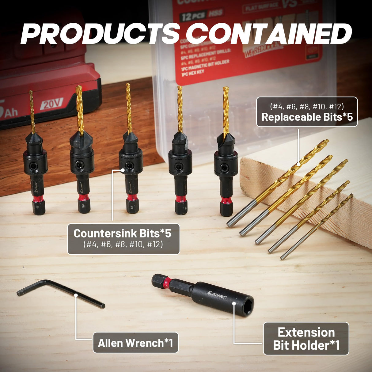 EZARC Countersink Drill Bit Set, 12 PCS Counter Sink Drill Bit Adjustable, #4, #6, #8, #10, #12, Magnetic Extension bit Holder for Woodworking with Storage Box EZARC