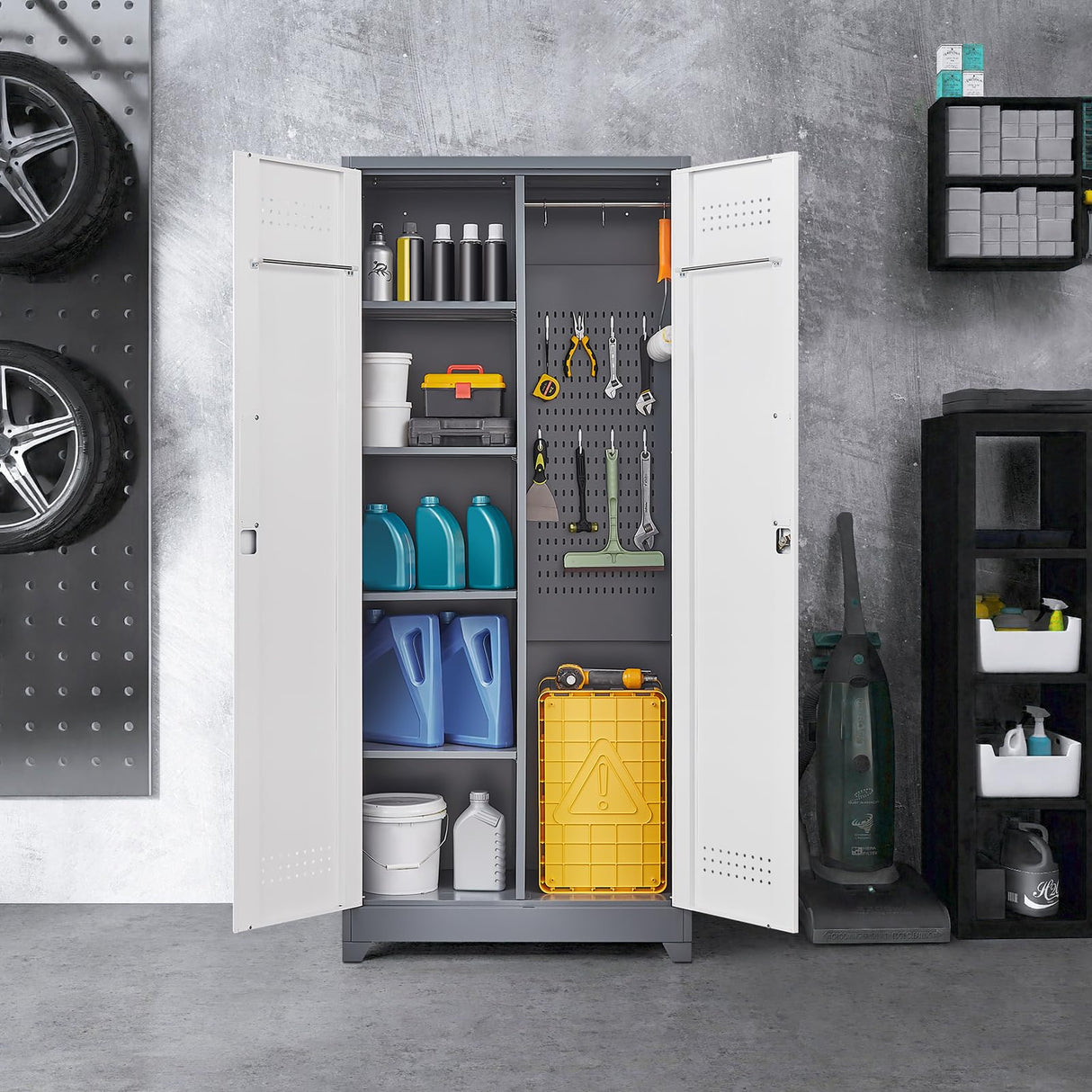 72.8"H Broom Closet Storage Cabinet, Utility Closet for Brooms and Mops, Cleaning Metal Storage Cabinet with Pegboard and Hanging Rod, Metal Cabinet with Doors and Adjustable Shelves,Garage,Grey-White SAFEFEVER