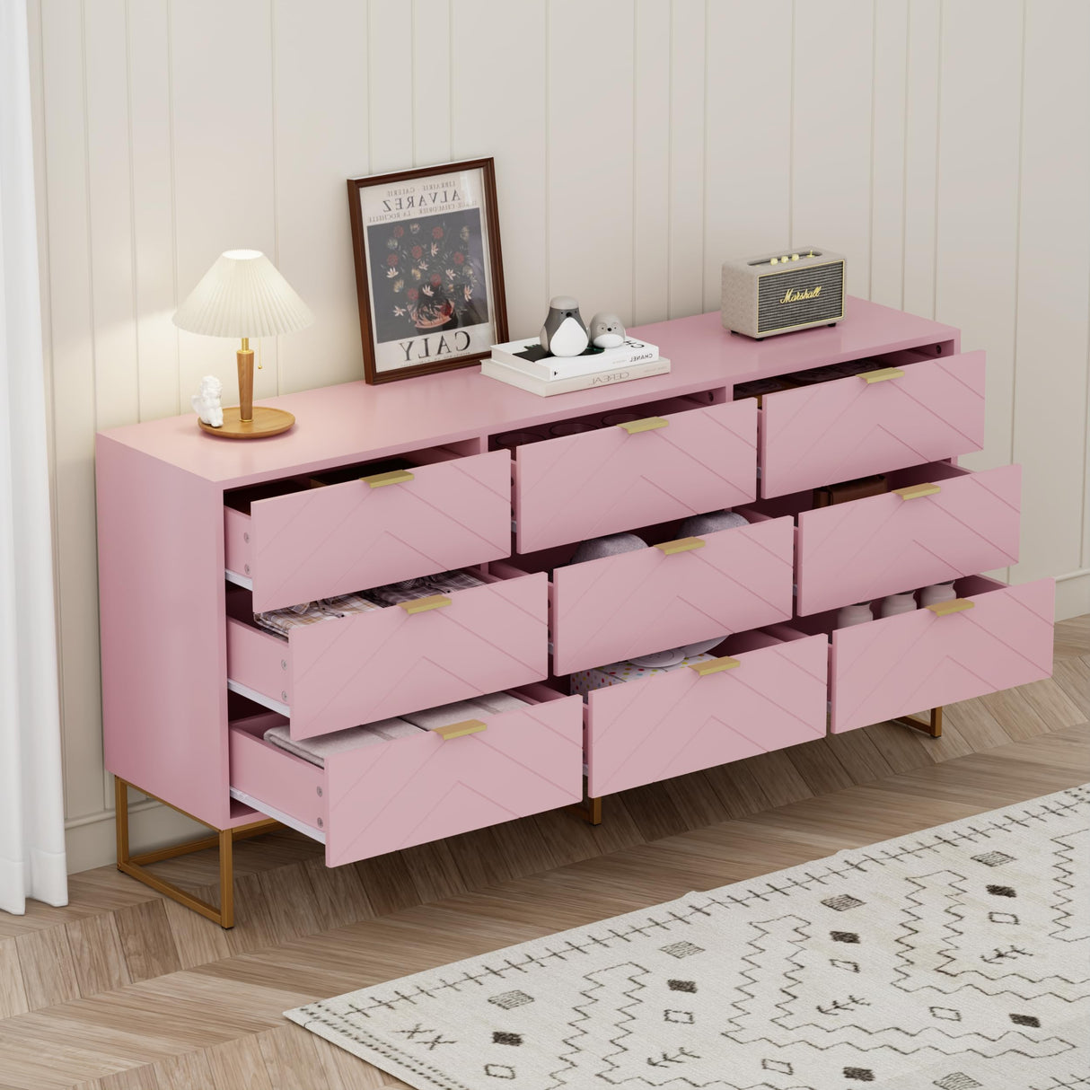 Scurrty Large 9 Drawer Dresser, Storage Dressers,59 inch Dresser with Chest,Storage Cabinet for Bedroom, Dressers for Bedroom, Living Room,etc. (Pink) Scurrty
