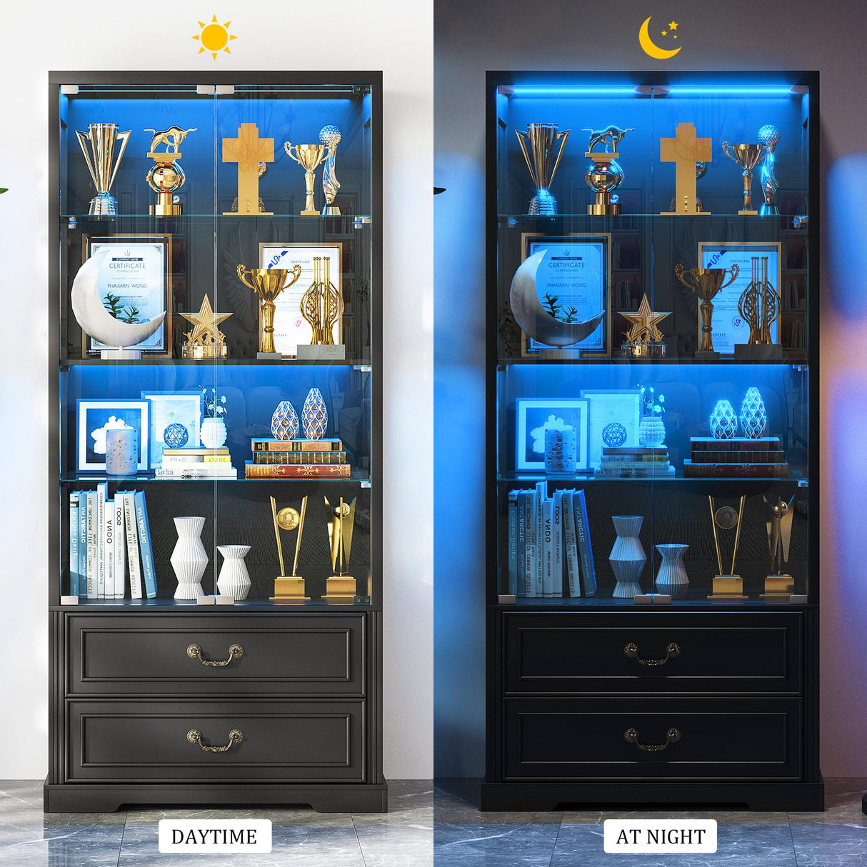 FREDEES Display Cabinet with Glass Doors,67" Adjustable Display Shelf with 2 Drawers and 4 Tier Curio Cabinet,Tall Bookcase with 3 Color Lights and Human Body Sensor for Toys,Books(Black) FREDEES