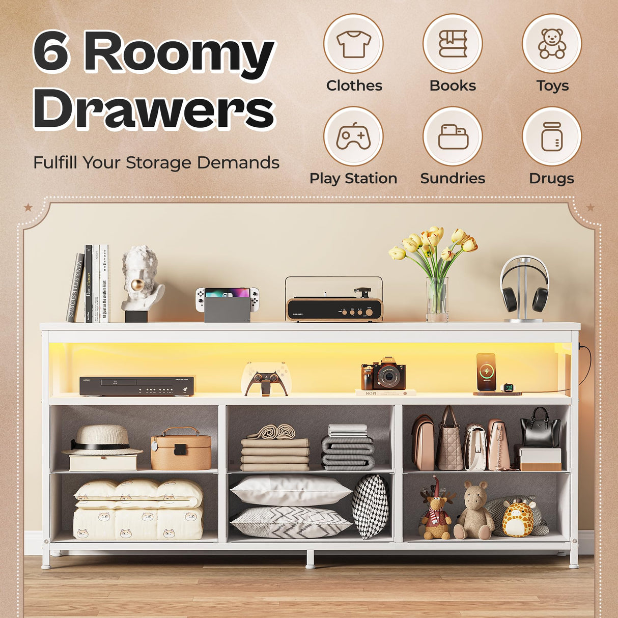 Huuger LED TV Stand for Bedroom, 55 Inch Fabric Dresser with Power Outlets, Entertainment Center for 60, 55, 50 Inch TV, 6 Drawer Dresser for Bedroom, Chest of Drawers with Shlef, PU Leather, White Huuger