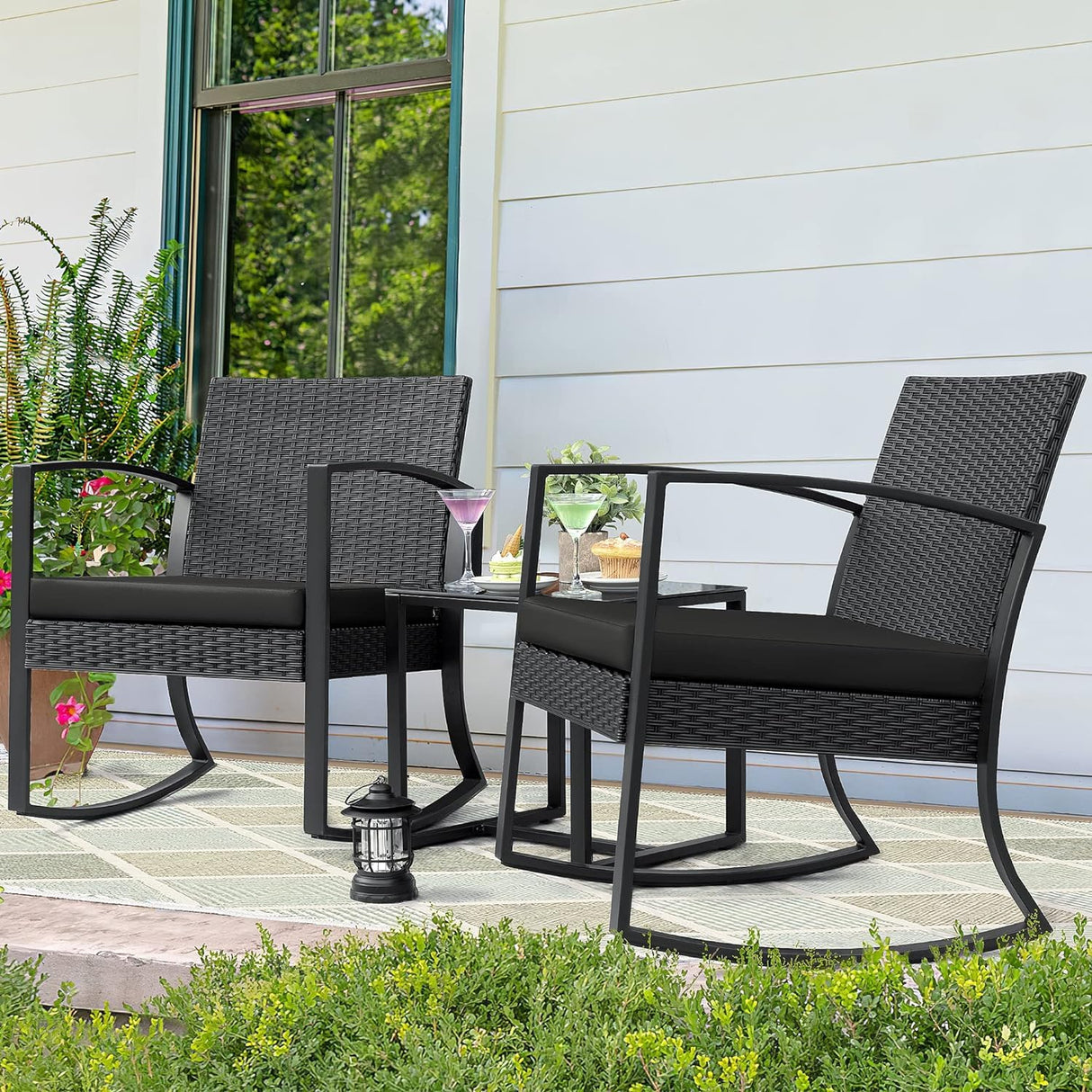 Homall Patio Furniture Set 3 Piece Resin Outdoor Bistro Set Rocking Patio Chairs with Cushions and Table for Porch, Poolside, Balcony and Yard (Black) Homall