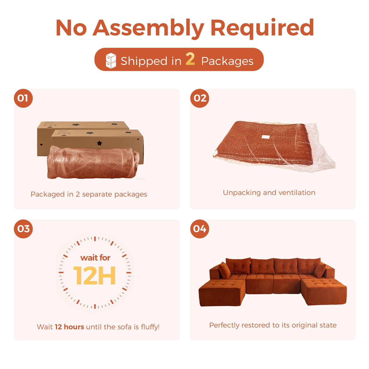 MAXYOYO Modular Sectional Sofa Couch, U Shaped Modern Cloud Couch with 2 Ottomans, Sofa in A Box, Tufted 6-Seat Boneless Sleeper Chair for Living Room, No Assembly Required, Orange MAXYOYO