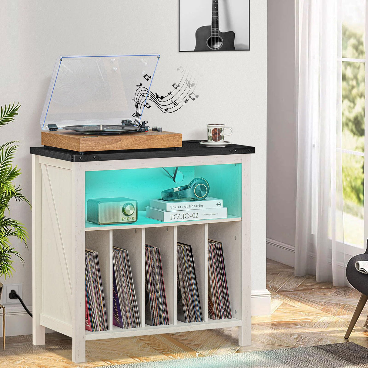 Joaxswe Large Record Player Stand with Charging Station & LED Lights, Vinyl Records Storage Holder Cabinet Holds up to 230 Albums, Turntable Stand for Music Room, Bedroom, Living Room, Office (White) Joaxswe