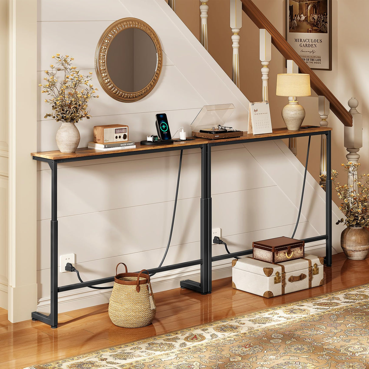 Kitstorack 2-Pack Narrow Console Table with Adjustable Height (25"-33") & Power Outlets, Rustic Brown Sofa Table for Behind Couch or Wall, 79" Long with 4.9ft Cord Kitstorack