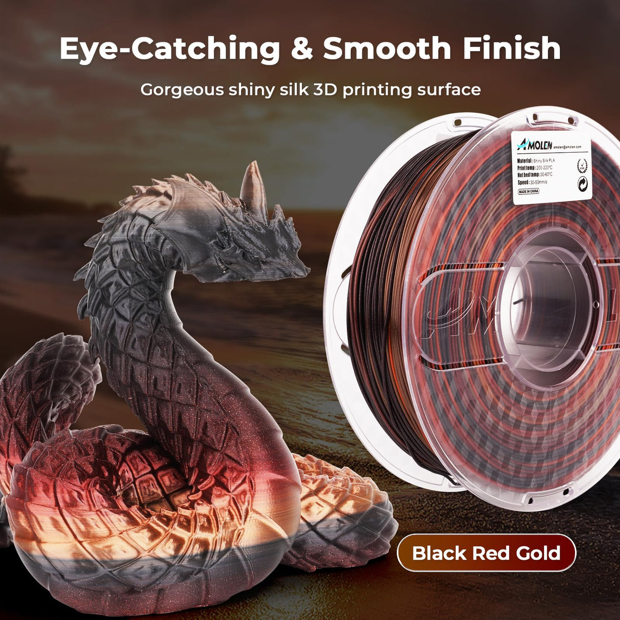 AMOLEN PLA 3D Printer Filament, PLA Filament 1.75mm Silk Black Shiny Red Gold Filament, 3D Printing Filament 1KG/2.2lb AMOLEN