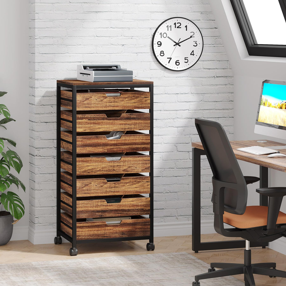 Tribesigns 7 Drawer Chest, Wood Storage Dresser Cabinet with Wheels, Industrial Storage Drawer Organizer Cart for Office Bedroom Entryway (Rustic Brown, 2 PC) Tribesigns