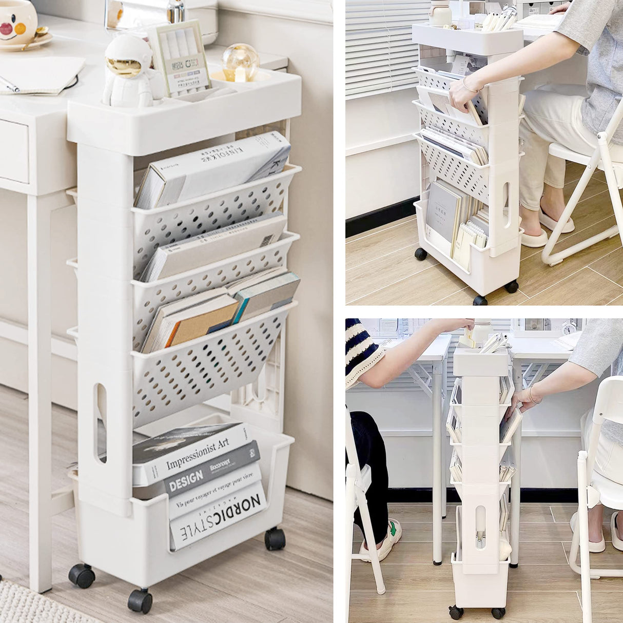 YEMUNY 5 Tier Rolling Utility Cart Multi-Functional Movable Storage Book Shelves with Lockable Casters for Study Office Kitchen Classroom, White YEMUNY