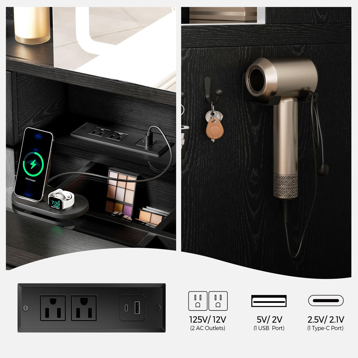 Farmhouse Makeup Vanity Desk with Sliding Mirror and Lights, Glass Desktop Makeup Vanity Desk with Charging Station, 3-Tier Hidden Slide-Out Vanity Shelves, Jewelry Storage Cabinet, 2 Drawers-Black Jocoevol