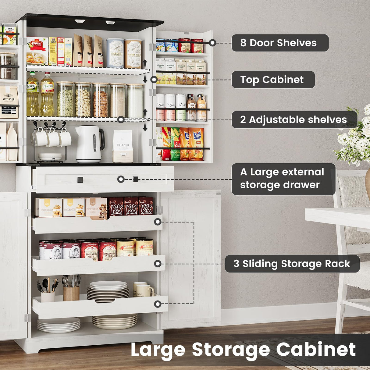 ELYKEN 72" Tall Pantry Cabinet for Kitchen, White Kitchen Storage Cabinet with Slide Out Rack & 8 Door Organizer, Farmhouse Wood Tall Freestanding Cupboard for Dining Room Living Room ELYKEN
