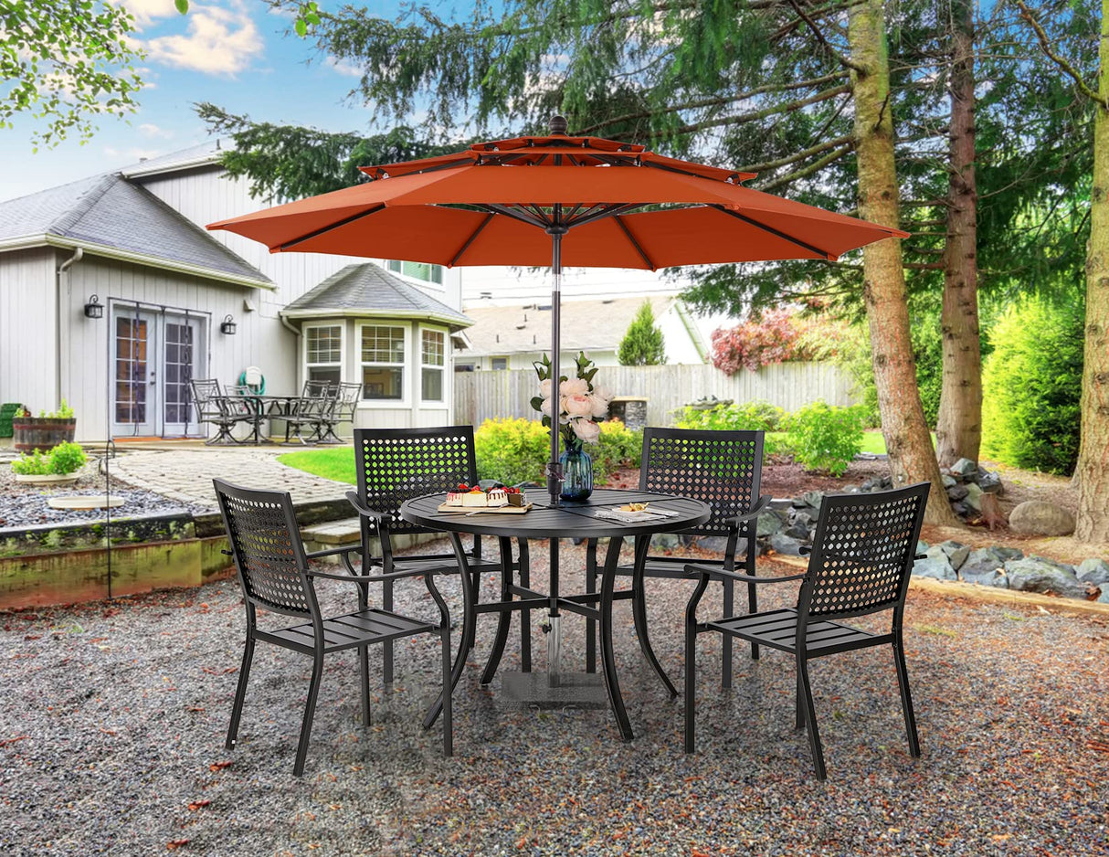 PHI VILLA 5 Pieces Patio Dining Set with 10ft Patio Umbrella, Metal Patio Circle Table Outdoor Stackable Wrought Iron Chair Set of 4 & 42" Large Round Dining Table,3 Tier Vented Orange Red Umbrella PHI VILLA