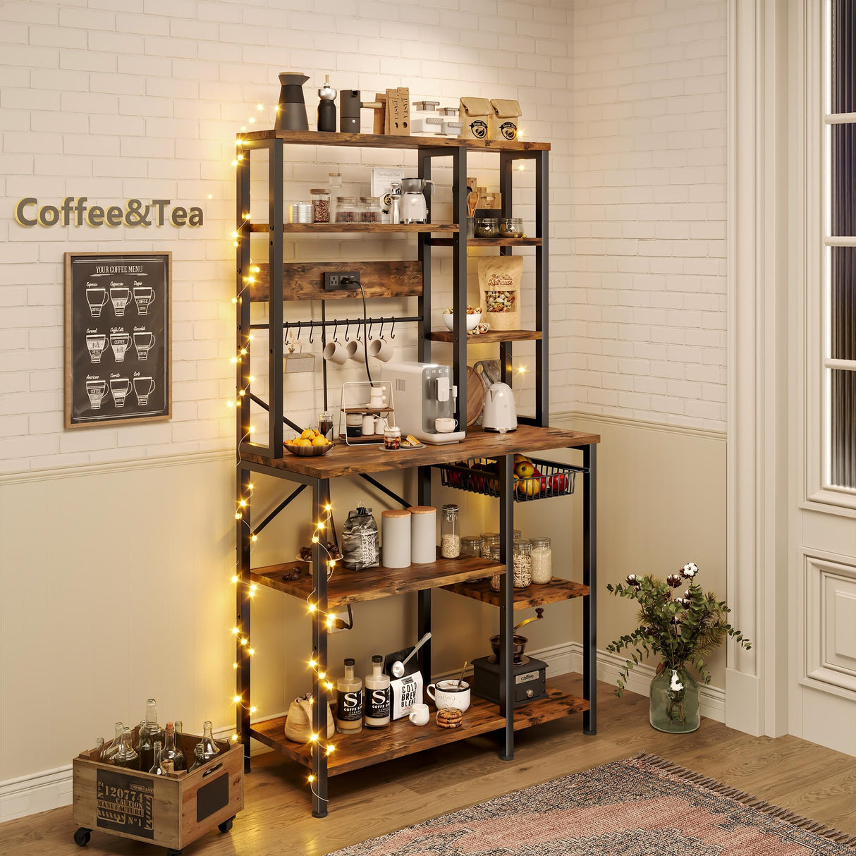 GRUSIGN Kitchen Bakers Rack with Storage, 6-Tier Coffee Bar Station with Power Outlet, Microwave Stand with 12 S-Shaped Hooks, Open Kitchen Storage Shelves for Spices, Pots and Pans, Rustic Brown GRUSIGN