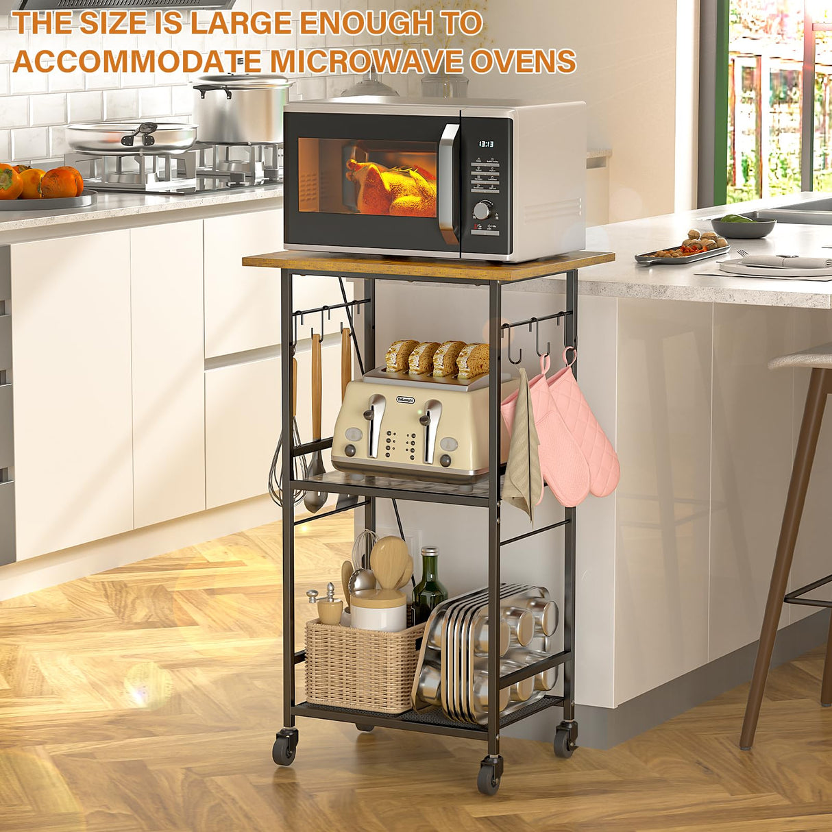 ThreeHio Rolling Kitchen Microwave Cart, 3 Tier Microwave Table Stand with Adjustable Shelf, Kitchen Storage Rack on Wheels, Coffee Station Cart Rack Shelf Organizer for Living Room Office, Balcony ThreeHio