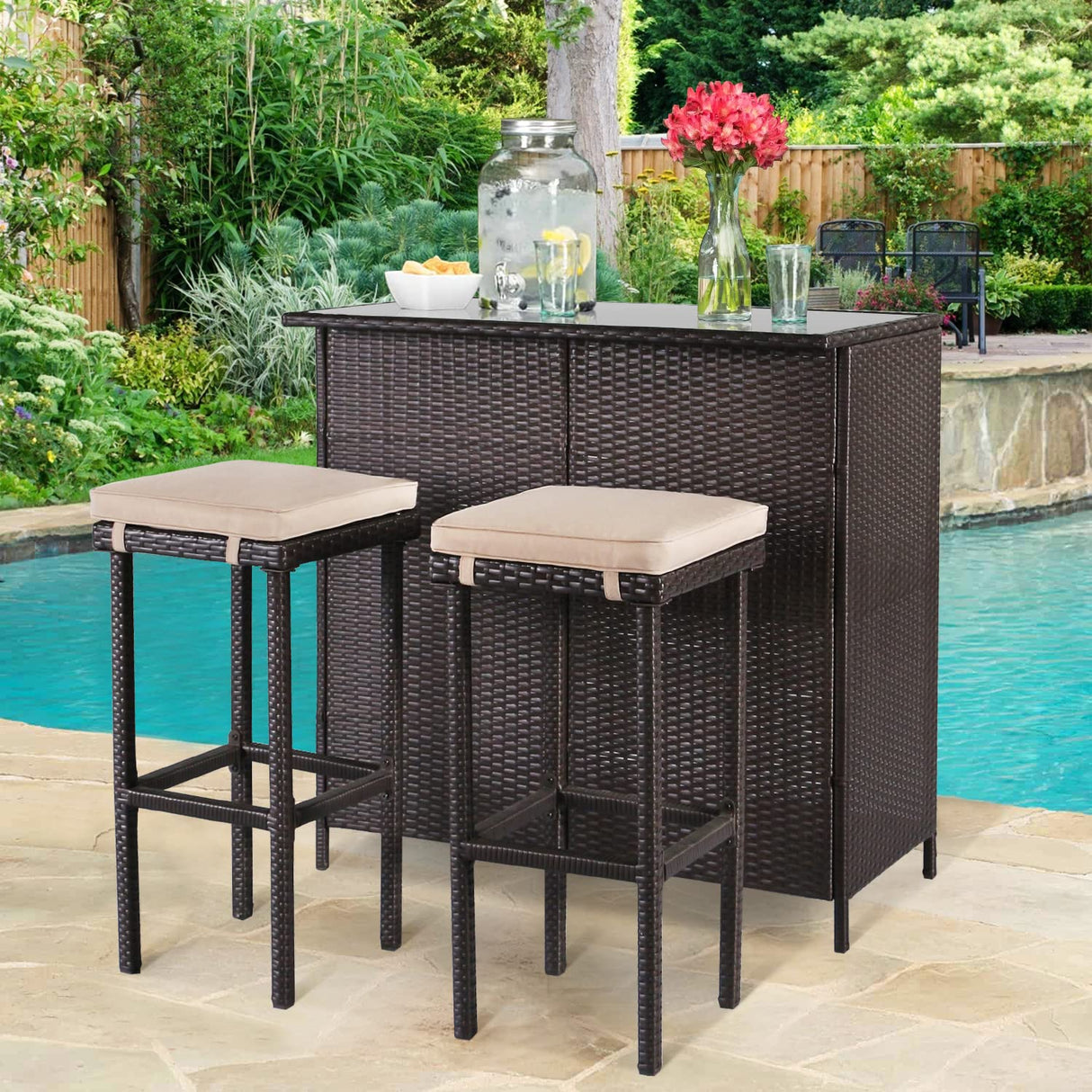 SUNCROWN Outdoor Bar Set 3-Piece Brown Wicker Patio Furniture - Glass Bar and Two Stools with Cushions for Patios, Backyards, Porches, Gardens or Poolside,Beige SUNCROWN